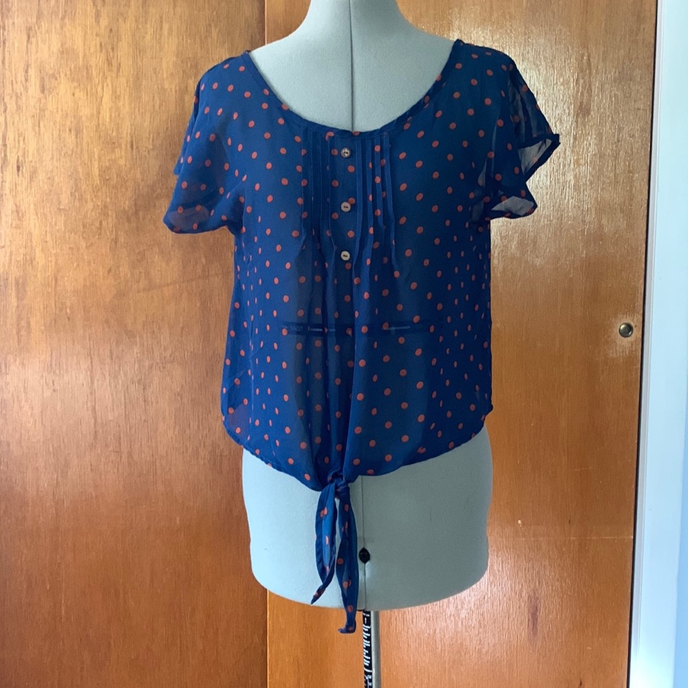 Mine blue & orange polka dot sheer tie front blouse L